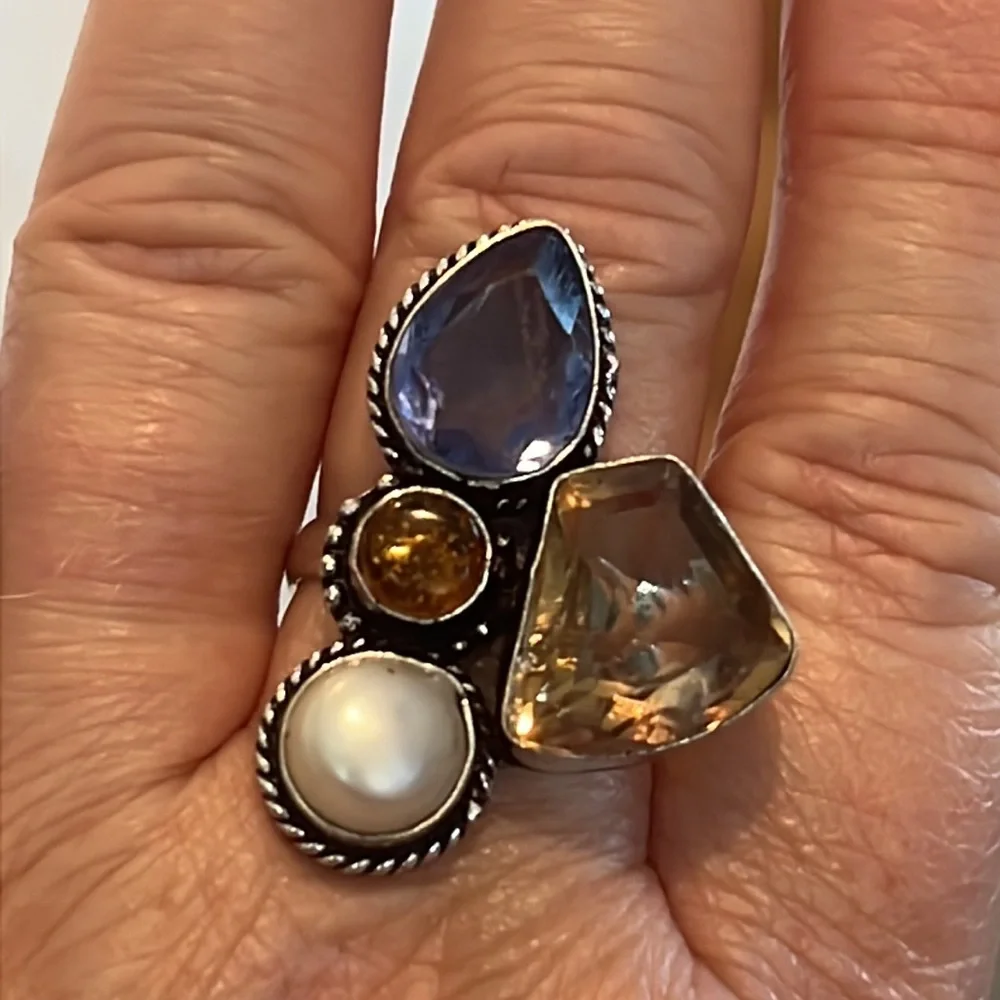 #369 Amethyst, Amber, Pearl Handcrafted Ring 💍 Size 9 NWOT - Picture 4 of 15